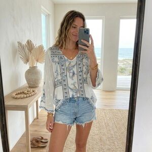 Johnny Was Floral Embroidered Blouse in Blue and white